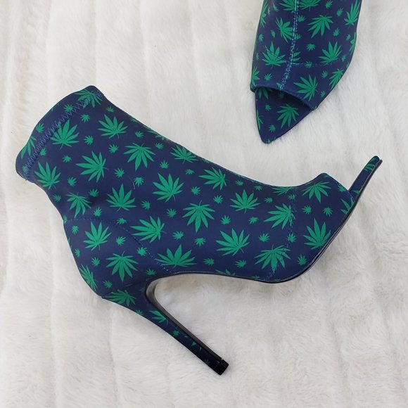 Navy Blue high heel ankle boot Pot Leaf Print - Picture 3 of 11